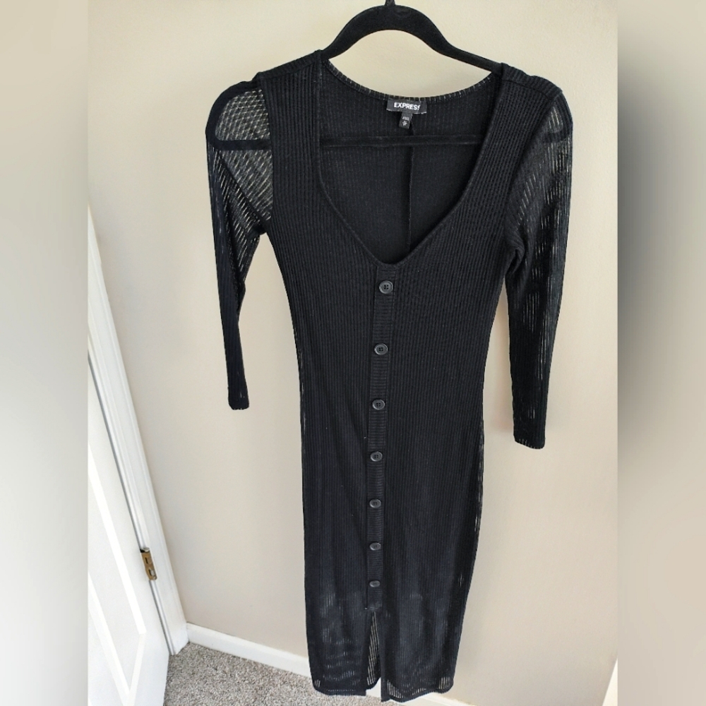 Express XS Black Long Sleeve Dress Sheer Ribbed Button Down